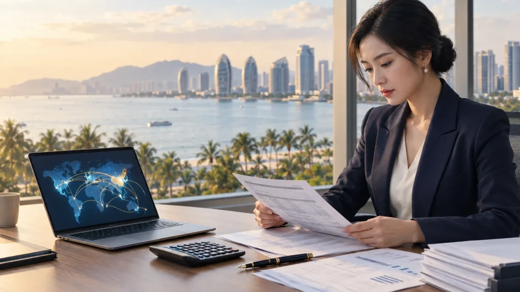A consultant in Haikou reviews cross-border payment documents beside a laptop showing international settlement routes
