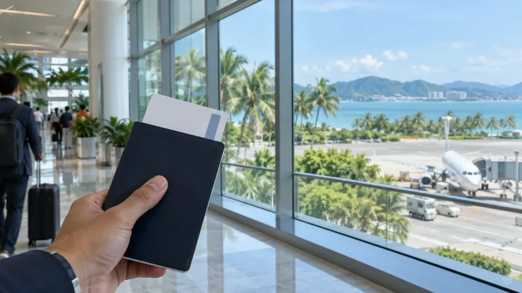 Business traveller holding a passport in an airport overlooking Hainan's coast