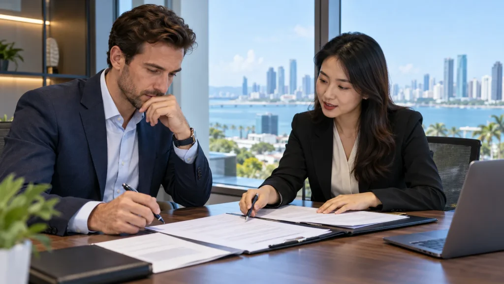Foreign founder and adviser reviewing single-shareholder company documents in Hainan
