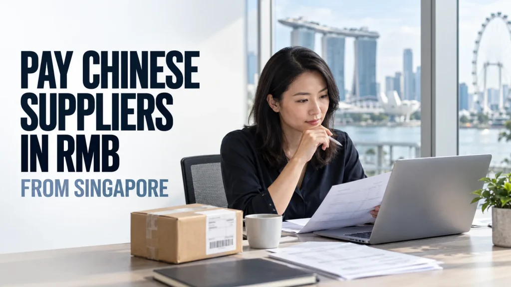 Singapore business owner reviewing a supplier invoice beside a laptop and shipping carton, with an RMB payment headline