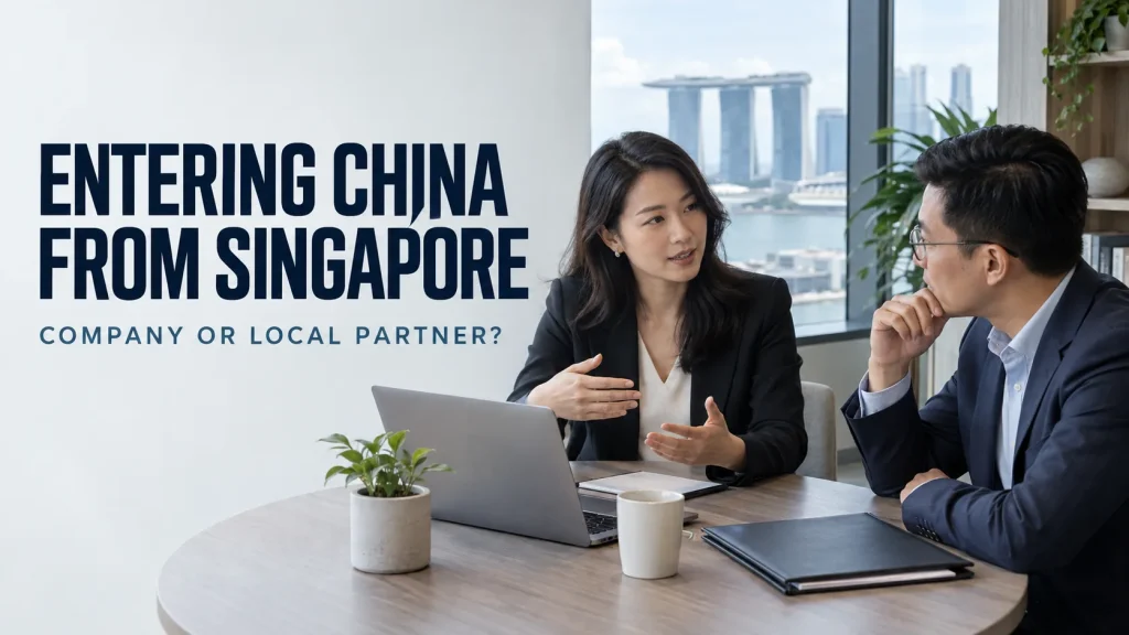 Two founders discussing China market entry in a Singapore office