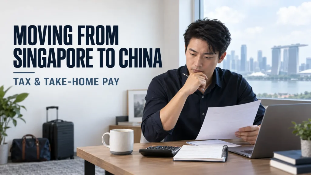 Professional reviewing a China relocation salary offer with a calculator and notebook in Singapore