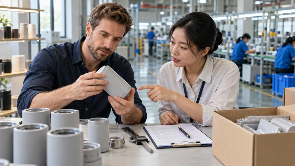 Buyer and Chinese supplier inspecting a product sample before placing an order