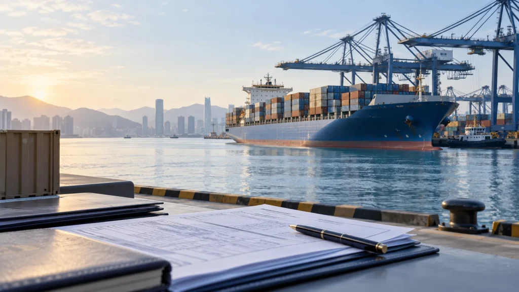 Cargo ship and trade documents at a Chinese port