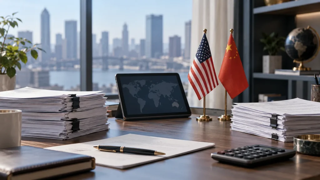US and China desk flags beside tax papers and a calculator